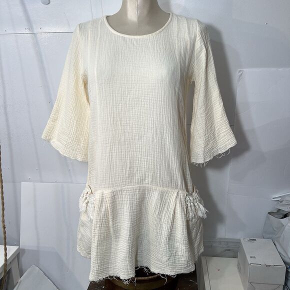 Bird & Knoll Tunic Mini Dress Beige Gauze Crinkle Cotton Lagenlook s/m - Picture 2 of 16